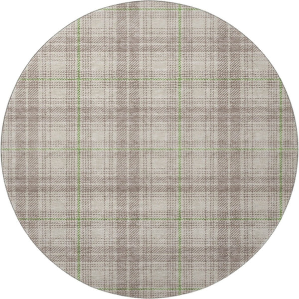 HomeRoots 8' Washable Round Rug in Beige, Green, and Tan Plaid - Durable, UV-Protected for Indoor & Outdoor Use 678206