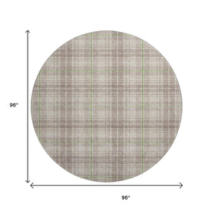 HomeRoots 8' Washable Round Rug in Beige, Green, and Tan Plaid - Durable, UV-Protected for Indoor & Outdoor Use 678206