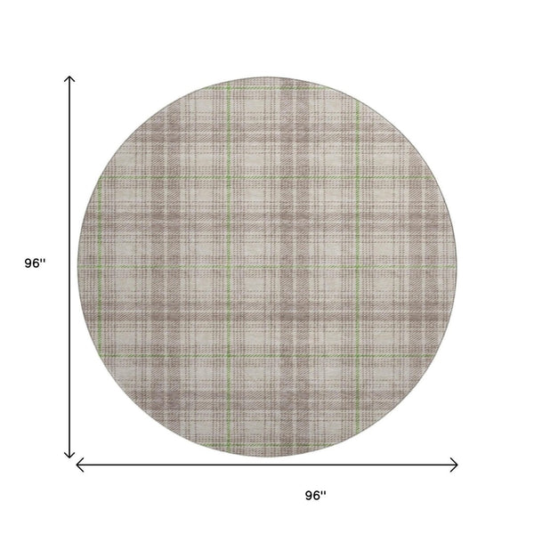 HomeRoots 8' Washable Round Rug in Beige, Green, and Tan Plaid - Durable, UV-Protected for Indoor & Outdoor Use 678206