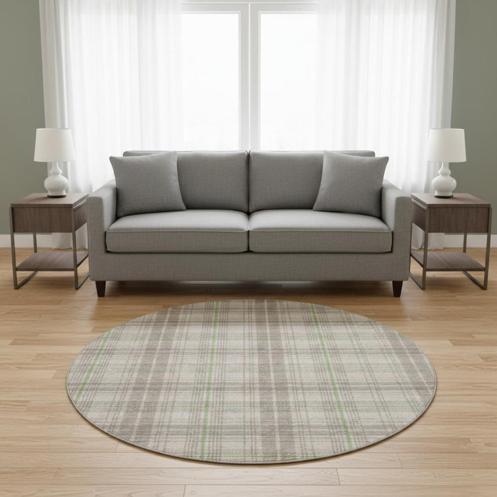 HomeRoots 8' Washable Round Rug in Beige, Green, and Tan Plaid - Durable, UV-Protected for Indoor & Outdoor Use 678206