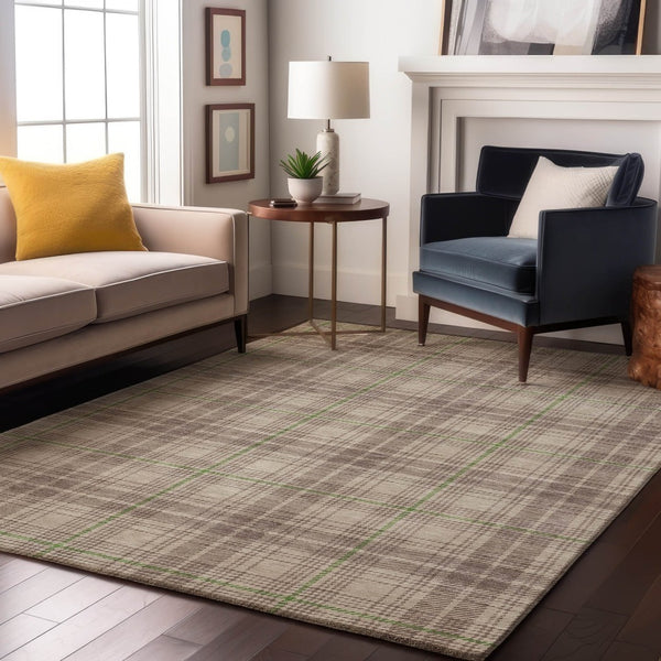 HomeRoots 9' X 12' Beige Green and Tan Plaid Area Rug – Durable, Washable, UV Protected for Busy Homes 678208