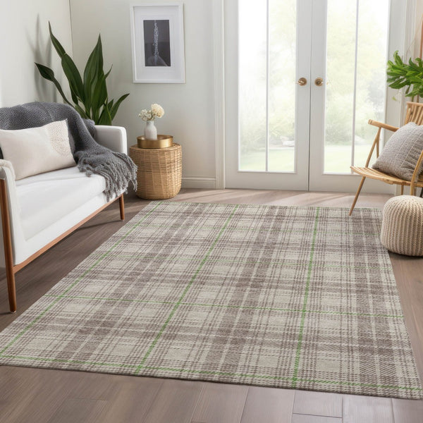 HomeRoots 9' X 12' Beige Green and Tan Plaid Area Rug – Durable, Washable, UV Protected for Busy Homes 678208