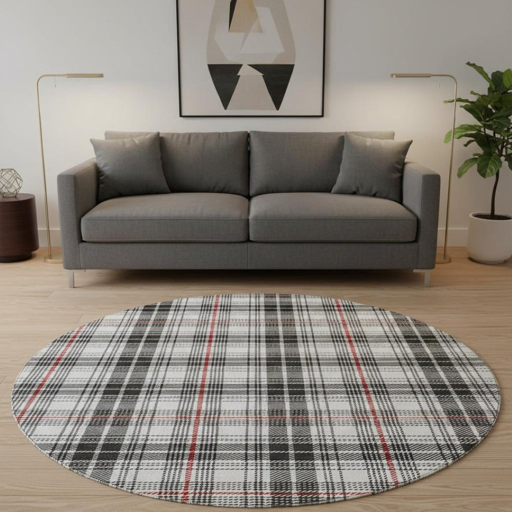 HomeRoots 8' Black Red And Ivory Plaid Washable Round Rug - Durable, UV Protected, Perfect for Busy Homes! 678212