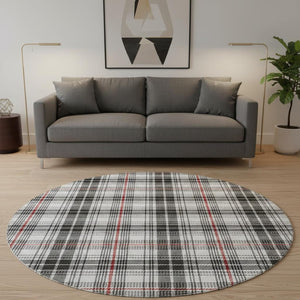 HomeRoots 8' Black Red And Ivory Plaid Washable Round Rug - Durable, UV Protected, Perfect for Busy Homes! 678212