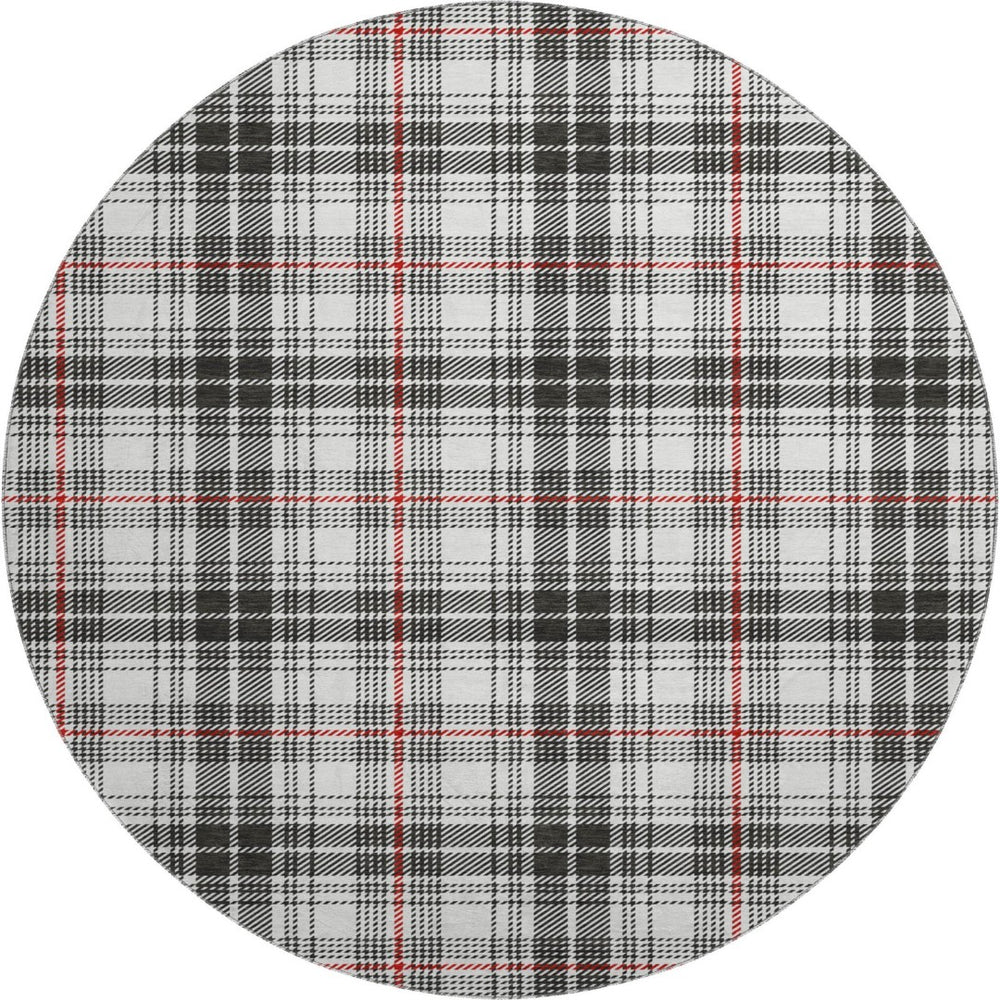 HomeRoots 8' Black Red And Ivory Plaid Washable Round Rug - Durable, UV Protected, Perfect for Busy Homes! 678212