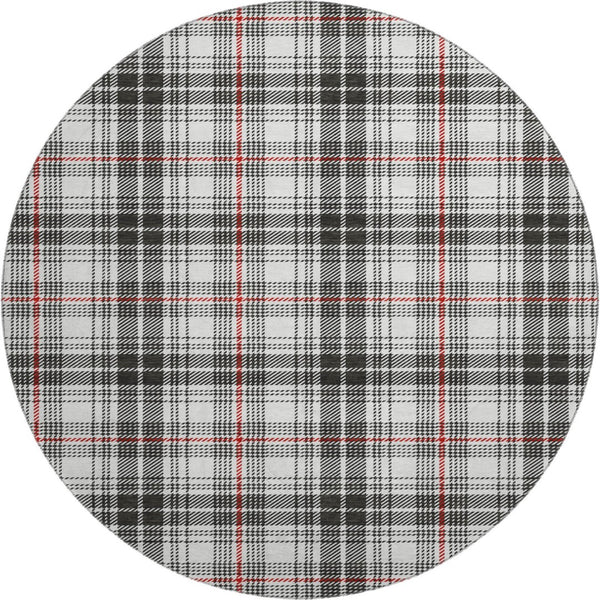 HomeRoots 8' Black Red And Ivory Plaid Washable Round Rug - Durable, UV Protected, Perfect for Busy Homes! 678212