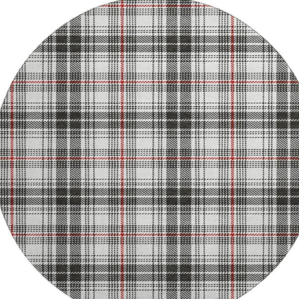 HomeRoots 8' Black Red And Ivory Plaid Washable Round Rug - Durable, UV Protected, Perfect for Busy Homes! 678212