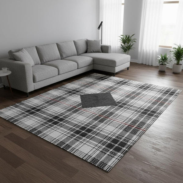 HomeRoots 8' X 10' Washable Plaid Area Rug in Black, Red & Ivory - UV Protected, Durable, Easy-Care Design 678213