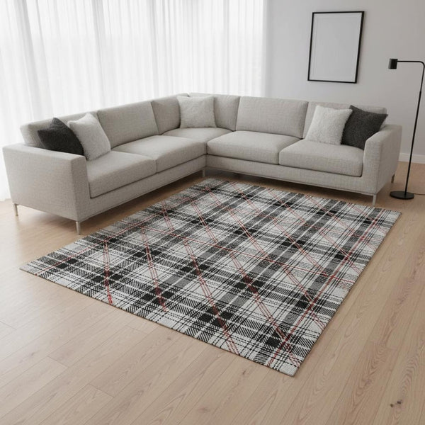 HomeRoots 10' Washable Black Red Ivory Plaid Area Rug - Durable, UV-Protected, Perfect for Large Spaces! 678215
