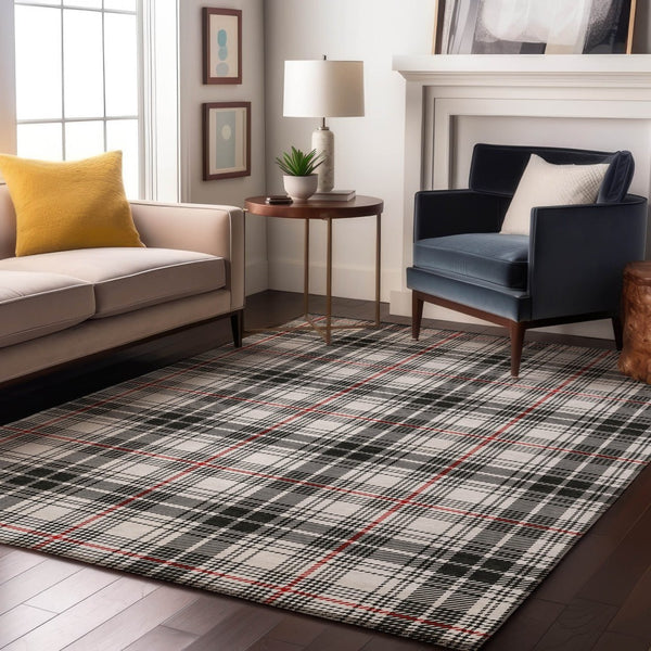 HomeRoots 10' Washable Black Red Ivory Plaid Area Rug - Durable, UV-Protected, Perfect for Large Spaces! 678215