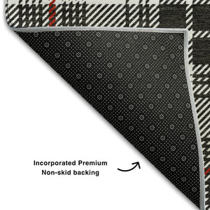 HomeRoots 10' Washable Black Red Ivory Plaid Area Rug - Durable, UV-Protected, Perfect for Large Spaces! 678215