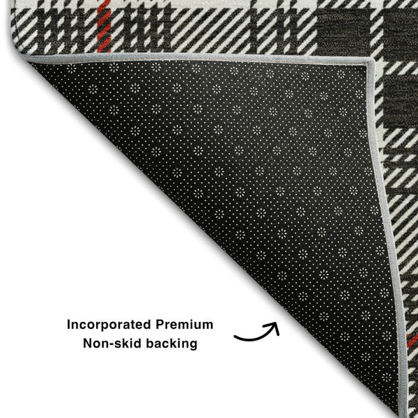 HomeRoots 10' Washable Black Red Ivory Plaid Area Rug - Durable, UV-Protected, Perfect for Large Spaces! 678215