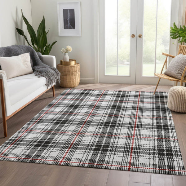 HomeRoots 10' Washable Black Red Ivory Plaid Area Rug - Durable, UV-Protected, Perfect for Large Spaces! 678215