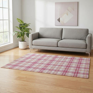 HomeRoots 5' X 8' Blush, Ivory, and Orange Plaid Washable Area Rug with UV Protection for Vibrant Spaces 678217
