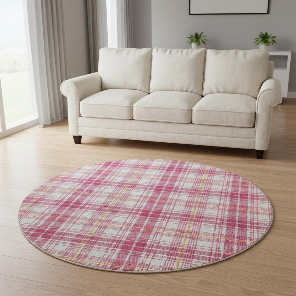 HomeRoots 8' Blush Ivory Orange Plaid Washable Round Rug with UV Protection – Durable, Stylish, Easy Care! 678218