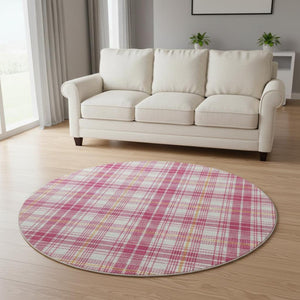 HomeRoots 8' Blush Ivory Orange Plaid Washable Round Rug with UV Protection – Durable, Stylish, Easy Care! 678218