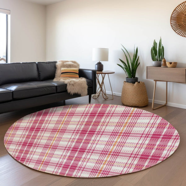 HomeRoots 8' Blush Ivory Orange Plaid Washable Round Rug with UV Protection – Durable, Stylish, Easy Care! 678218