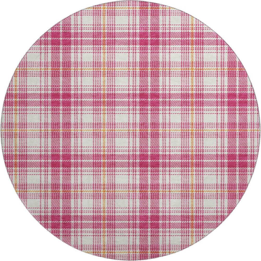 HomeRoots 8' Blush Ivory Orange Plaid Washable Round Rug with UV Protection – Durable, Stylish, Easy Care! 678218
