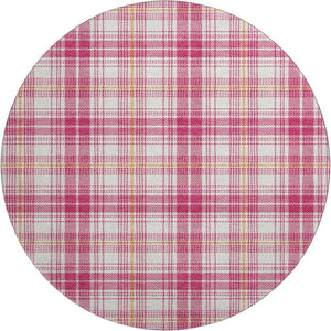 HomeRoots 8' Blush Ivory Orange Plaid Washable Round Rug with UV Protection – Durable, Stylish, Easy Care! 678218