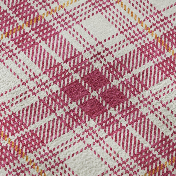 HomeRoots 8' Blush Ivory Orange Plaid Washable Round Rug with UV Protection – Durable, Stylish, Easy Care! 678218