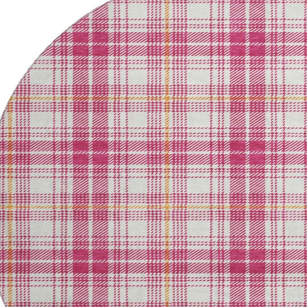 HomeRoots 8' Blush Ivory Orange Plaid Washable Round Rug with UV Protection – Durable, Stylish, Easy Care! 678218