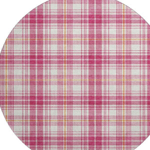 HomeRoots 8' Blush Ivory Orange Plaid Washable Round Rug with UV Protection – Durable, Stylish, Easy Care! 678218