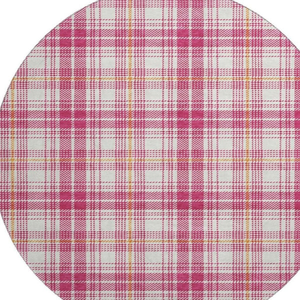 HomeRoots 8' Blush Ivory Orange Plaid Washable Round Rug with UV Protection – Durable, Stylish, Easy Care! 678218
