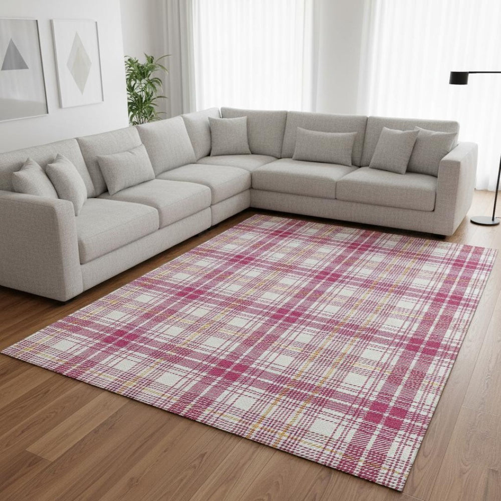 HomeRoots 8' X 10' Blush Ivory & Orange Plaid Washable Area Rug - Stain-Resistant, UV Protected, and Stylish! 678219