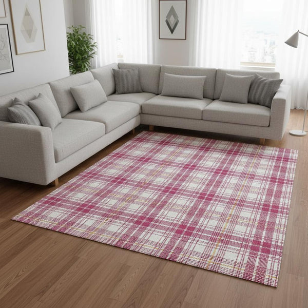 HomeRoots 9' X 12' Blush Ivory Orange Plaid Washable Area Rug – Durable, UV-Protected, Stylish for Any Space! 678220
