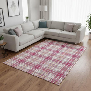 HomeRoots 10' X 14' Washable Blush Ivory Orange Plaid Area Rug with UV Protection for Stylish Living Spaces 678221
