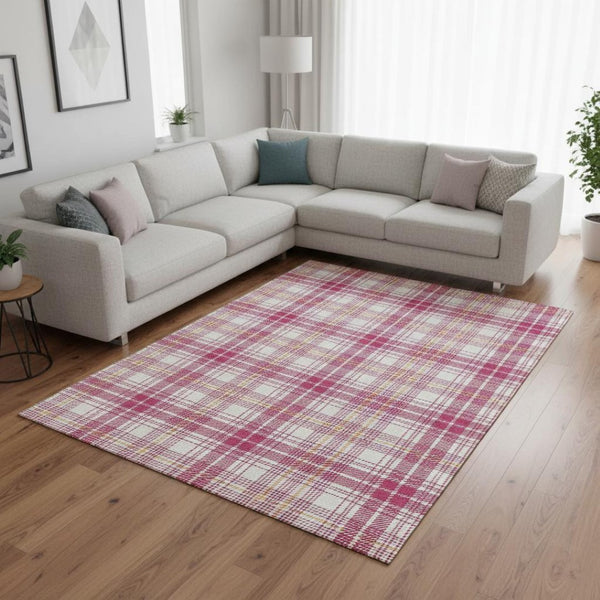 HomeRoots 10' X 14' Washable Blush Ivory Orange Plaid Area Rug with UV Protection for Stylish Living Spaces 678221