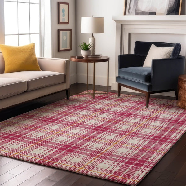 HomeRoots 10' X 14' Washable Blush Ivory Orange Plaid Area Rug with UV Protection for Stylish Living Spaces 678221