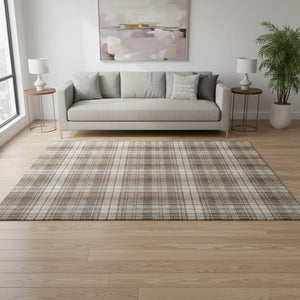 HomeRoots 5' X 8' Brown Ivory Gold Plaid Area Rug – Durable, Stain-Resistant, UV Protected for Busy Homes 678223