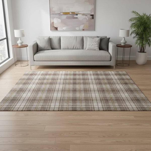 HomeRoots 5' X 8' Brown Ivory Gold Plaid Area Rug – Durable, Stain-Resistant, UV Protected for Busy Homes 678223
