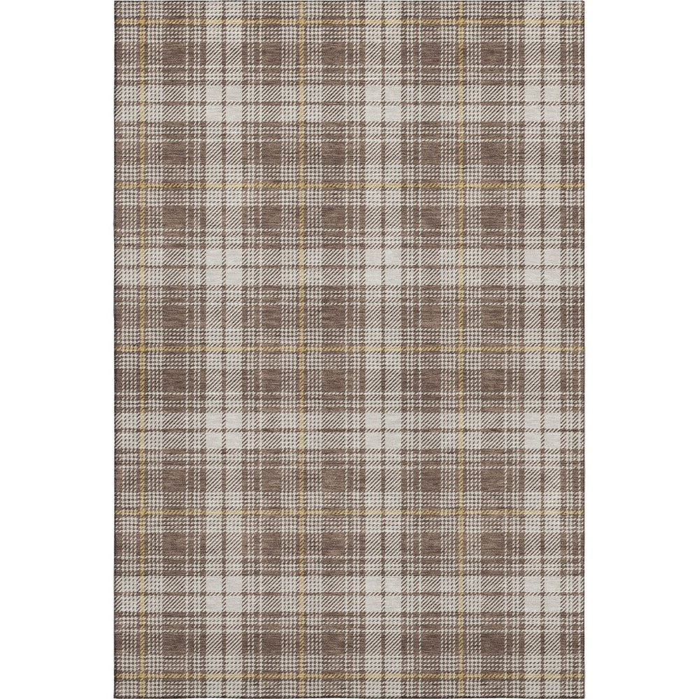 HomeRoots 5' X 8' Brown Ivory Gold Plaid Area Rug – Durable, Stain-Resistant, UV Protected for Busy Homes 678223