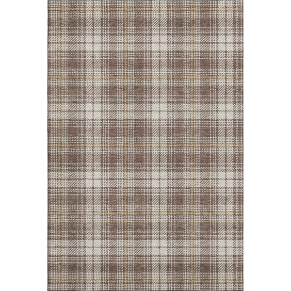 HomeRoots 5' X 8' Brown Ivory Gold Plaid Area Rug – Durable, Stain-Resistant, UV Protected for Busy Homes 678223