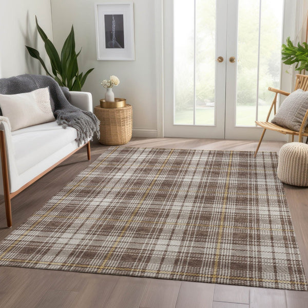 HomeRoots 5' X 8' Brown Ivory Gold Plaid Area Rug – Durable, Stain-Resistant, UV Protected for Busy Homes 678223