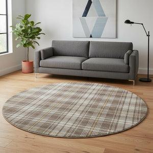 HomeRoots 8' Washable Round Rug in Brown, Ivory & Gold Plaid - UV Protected, Stain Resistant, Durable Design 678224