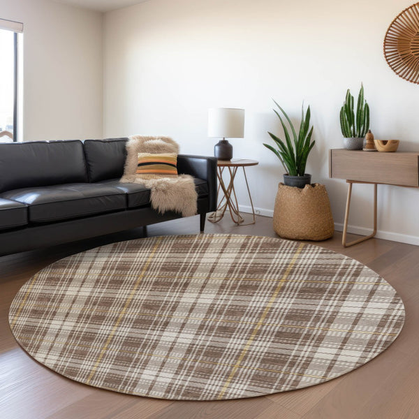 HomeRoots 8' Washable Round Rug in Brown, Ivory & Gold Plaid - UV Protected, Stain Resistant, Durable Design 678224