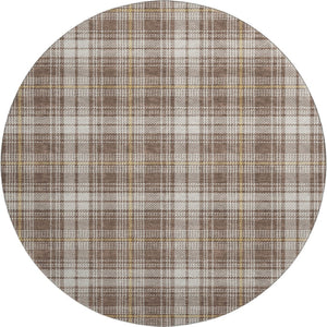 HomeRoots 8' Washable Round Rug in Brown, Ivory & Gold Plaid - UV Protected, Stain Resistant, Durable Design 678224
