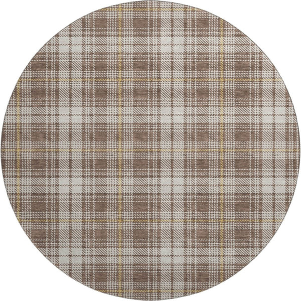 HomeRoots 8' Washable Round Rug in Brown, Ivory & Gold Plaid - UV Protected, Stain Resistant, Durable Design 678224