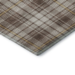HomeRoots 8' Washable Round Rug in Brown, Ivory & Gold Plaid - UV Protected, Stain Resistant, Durable Design 678224
