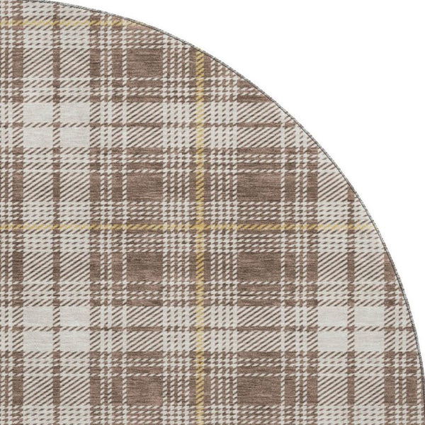 HomeRoots 8' Washable Round Rug in Brown, Ivory & Gold Plaid - UV Protected, Stain Resistant, Durable Design 678224