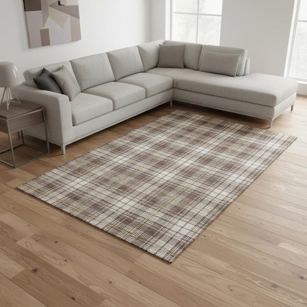 HomeRoots 8' X 10' Stylish Brown Ivory Gold Plaid Washable Area Rug - UV Protected, Stain-Resistant, Easy-Care! 678225