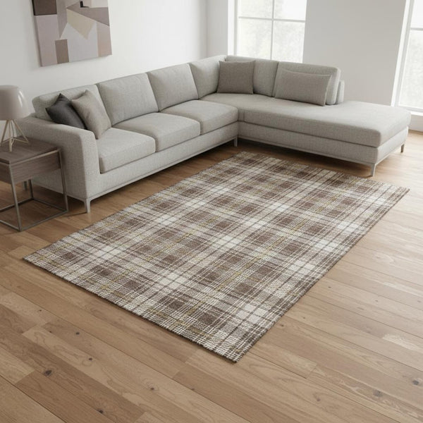 HomeRoots 8' X 10' Stylish Brown Ivory Gold Plaid Washable Area Rug - UV Protected, Stain-Resistant, Easy-Care! 678225