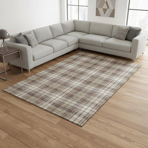 HomeRoots 9' X 12' Brown Ivory & Gold Plaid Area Rug - Durable, Washable, UV-Protected for Homes with Kids & Pets 678226