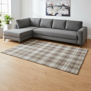 HomeRoots 10' Washable Brown, Ivory & Gold Plaid Area Rug with UV Protection for Stylish Living Spaces & Durability 678227