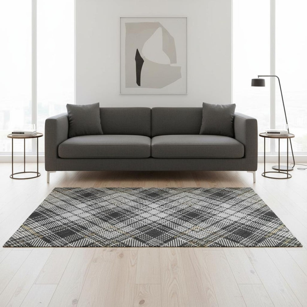 HomeRoots 5' X 8' Charcoal Ivory Gold Plaid Washable Area Rug with UV Protection for Stylish Comfort & Durability 678229