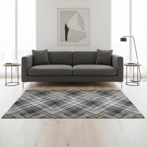 HomeRoots 5' X 8' Charcoal Ivory Gold Plaid Washable Area Rug with UV Protection for Stylish Comfort & Durability 678229