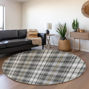 HomeRoots 8' Charcoal Ivory Gold Plaid Round Rug – Stylish UV-Protected, Washable, Stain-Resistant Design! 678230